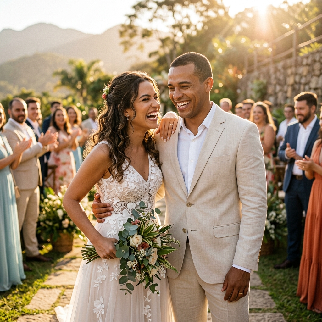 Casal brasileiro recém-casado rindo com cumplicidade no dia do casamento sob luz dourada
