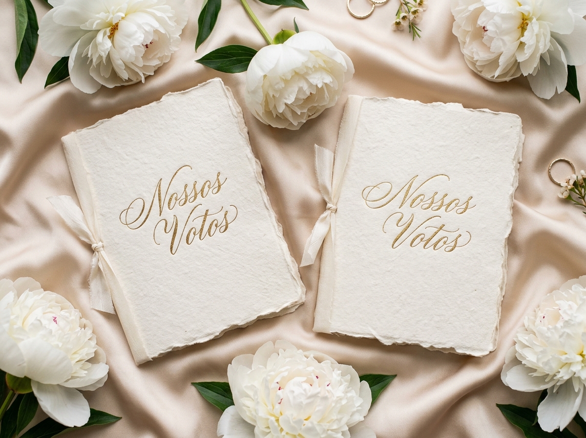 Dois livretos de votos de casamento em papel artesanal algodão com caligrafia dourada e flores peônias