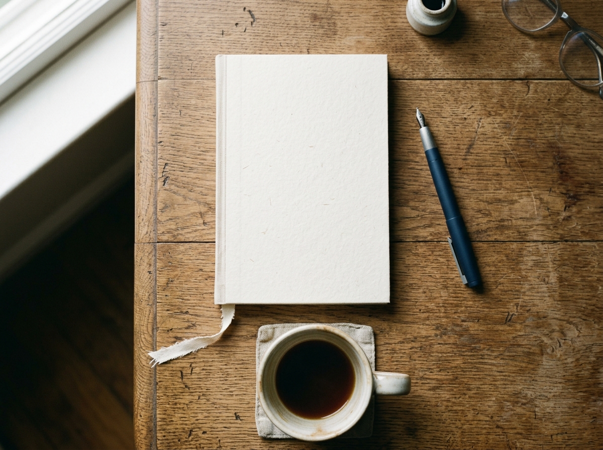 Caderno de capa dura em branco com caneta tinteiro e xícara de café, representando o bloqueio do escritor